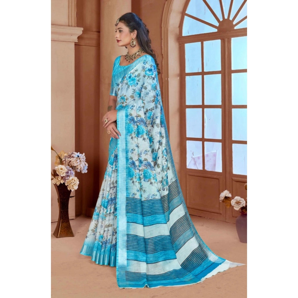 Women's Printed Cotton Linen Saree withPrinted Saree With Unstitched Blouse (Blue, 5-6Mtrs)