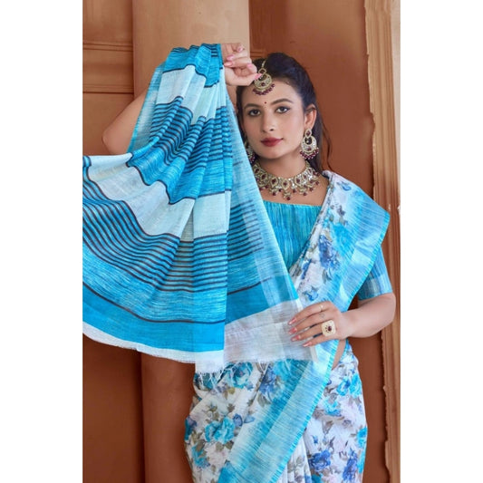 Women's Printed Cotton Linen Saree withPrinted Saree With Unstitched Blouse (Blue, 5-6Mtrs)