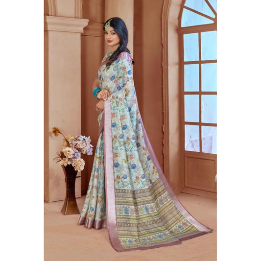 Women's Printed Cotton Linen Saree withPrinted Saree With Unstitched Blouse (Rust , 5-6Mtrs)