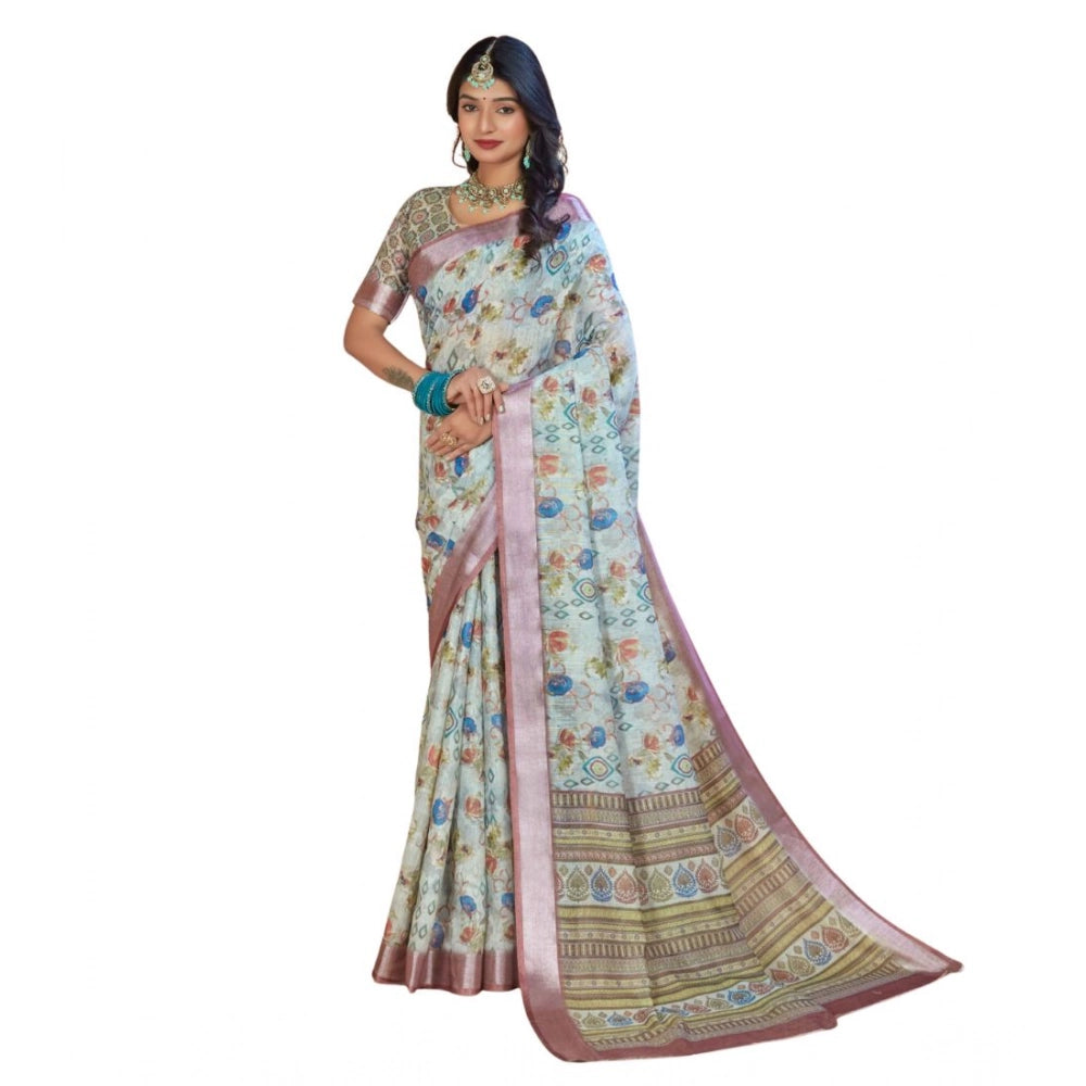 Women's Printed Cotton Linen Saree withPrinted Saree With Unstitched Blouse (Rust , 5-6Mtrs)