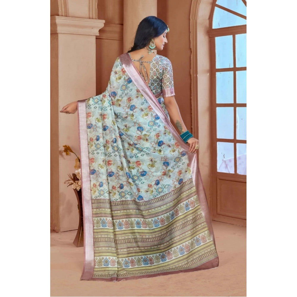 Women's Printed Cotton Linen Saree withPrinted Saree With Unstitched Blouse (Rust , 5-6Mtrs)