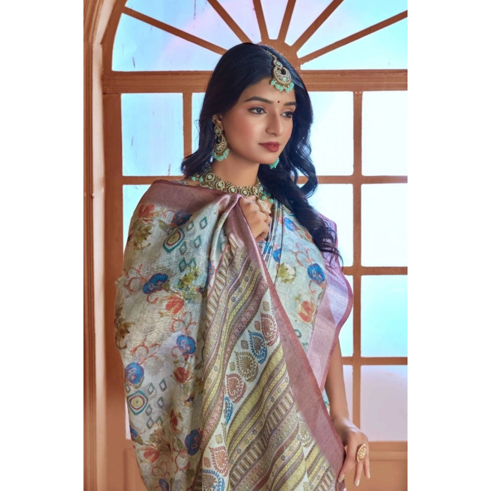 Women's Printed Cotton Linen Saree withPrinted Saree With Unstitched Blouse (Rust , 5-6Mtrs)