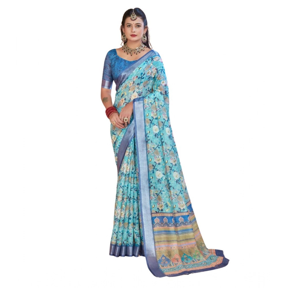 Women's Printed Cotton Linen Saree withPrinted Saree With Unstitched Blouse (Light Blue, 5-6Mtrs)