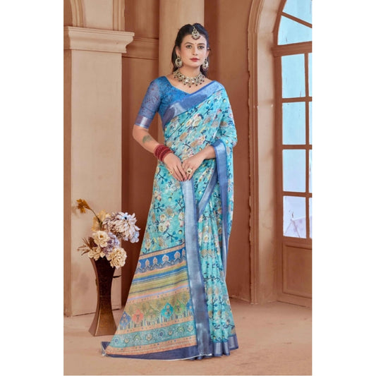 Women's Printed Cotton Linen Saree withPrinted Saree With Unstitched Blouse (Light Blue, 5-6Mtrs)