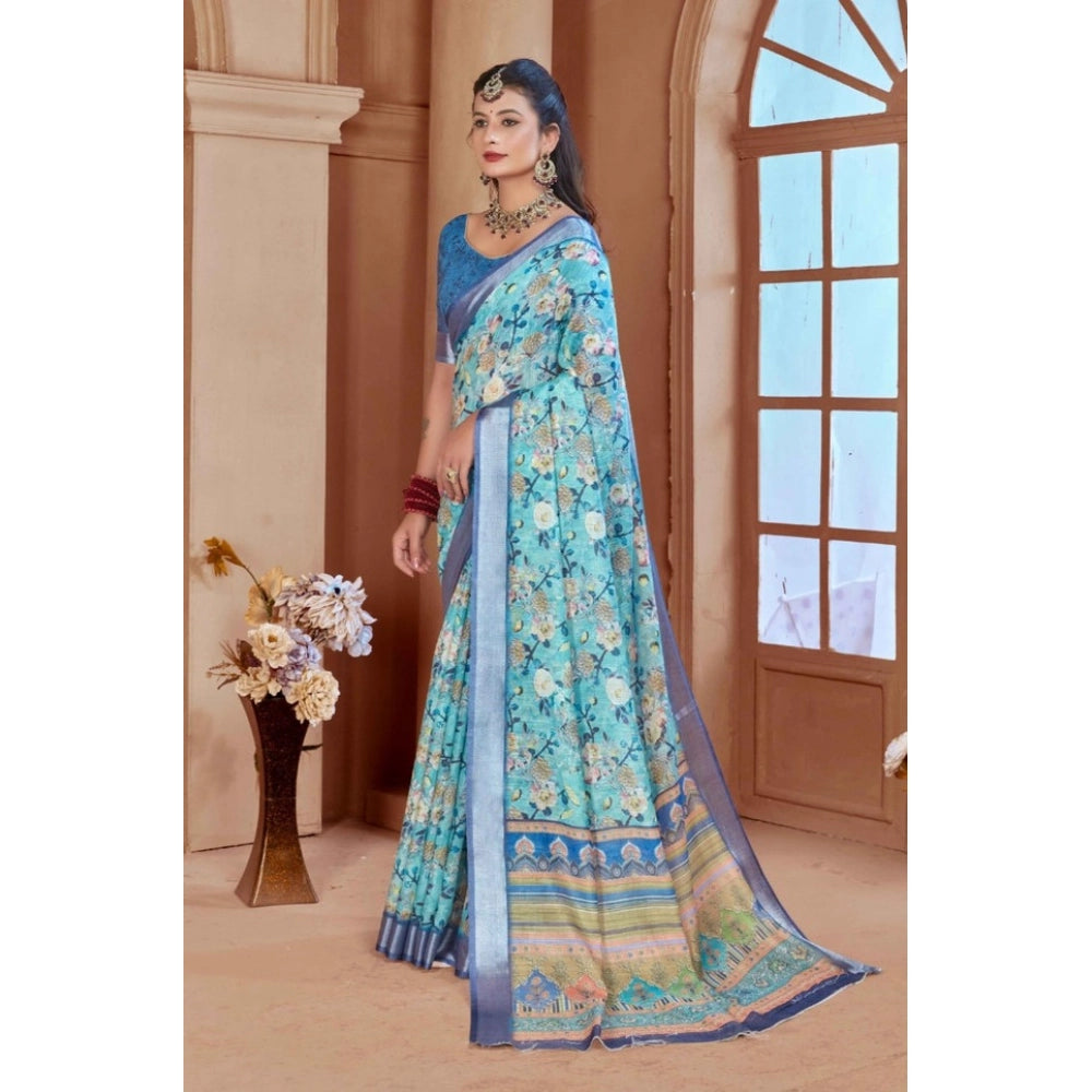 Women's Printed Cotton Linen Saree withPrinted Saree With Unstitched Blouse (Light Blue, 5-6Mtrs)