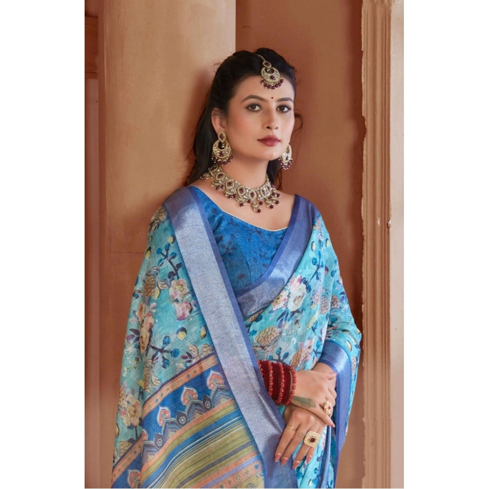 Women's Printed Cotton Linen Saree withPrinted Saree With Unstitched Blouse (Light Blue, 5-6Mtrs)