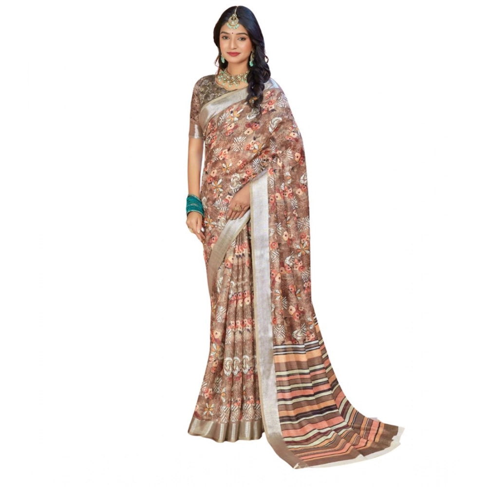 Women's Printed Cotton Linen Saree withPrinted Saree With Unstitched Blouse (Brown , 5-6Mtrs)