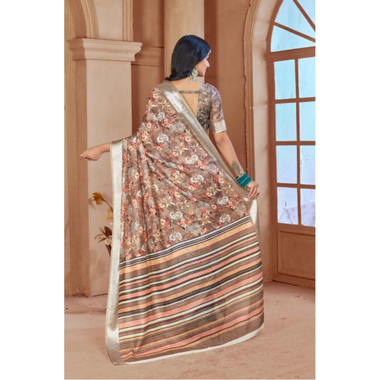 Women's Printed Cotton Linen Saree withPrinted Saree With Unstitched Blouse (Brown , 5-6Mtrs)