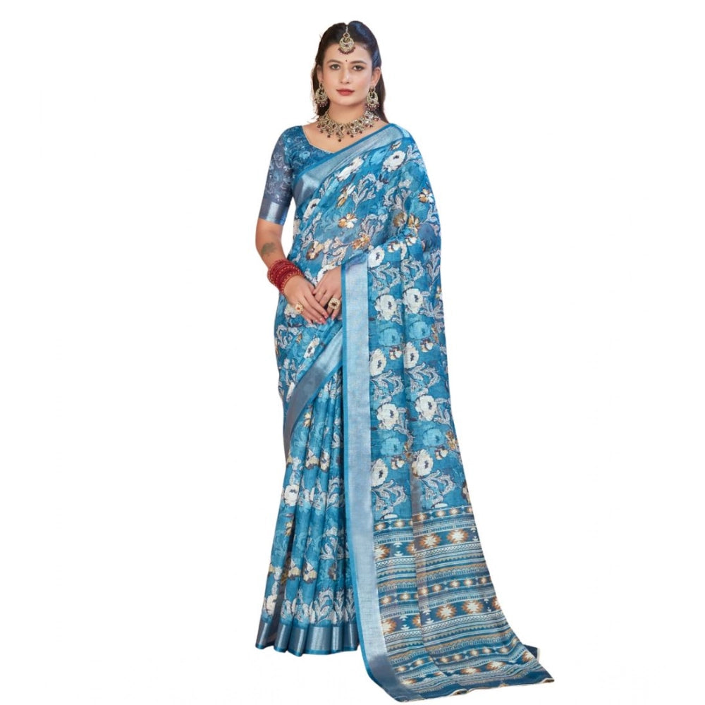 Women's Printed Cotton Linen Saree withPrinted Saree With Unstitched Blouse (Blue, 5-6Mtrs)