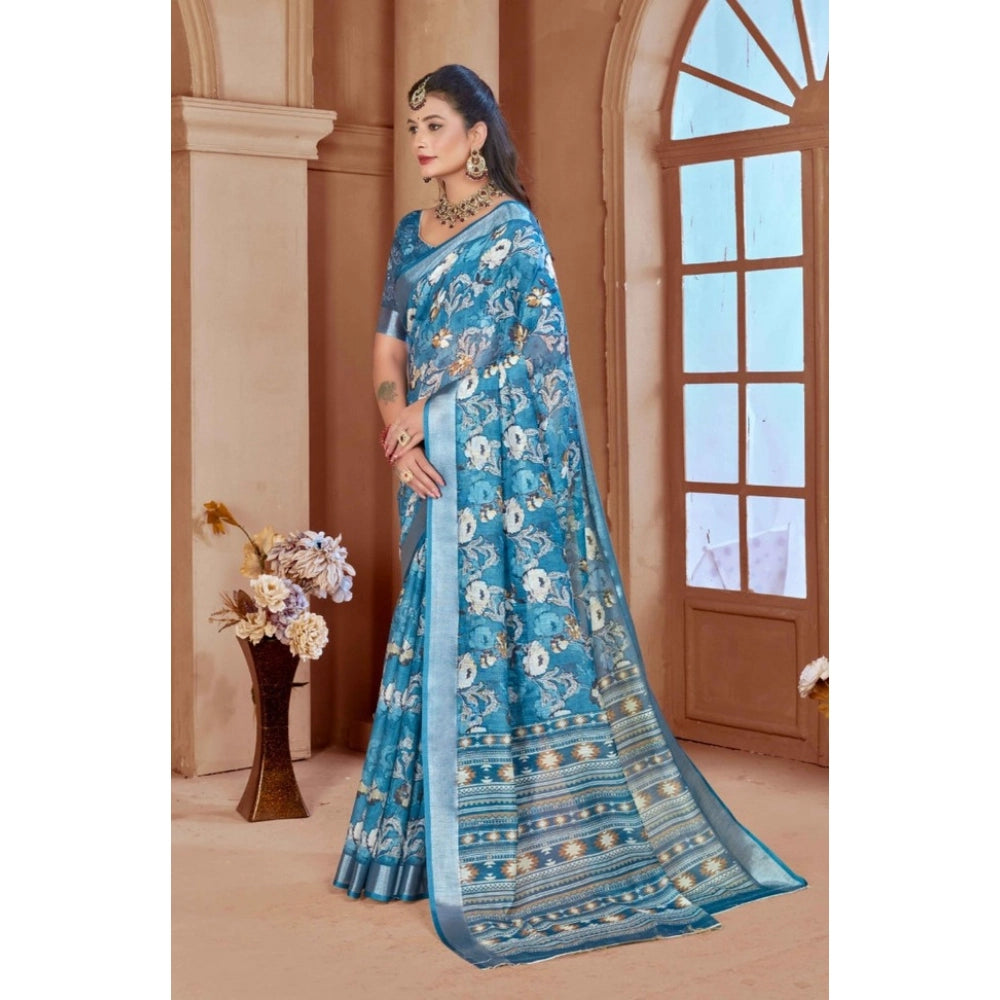 Women's Printed Cotton Linen Saree withPrinted Saree With Unstitched Blouse (Blue, 5-6Mtrs)