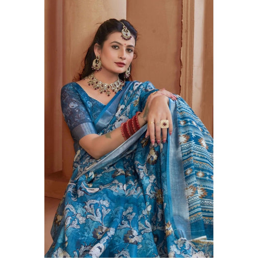 Women's Printed Cotton Linen Saree withPrinted Saree With Unstitched Blouse (Blue, 5-6Mtrs)