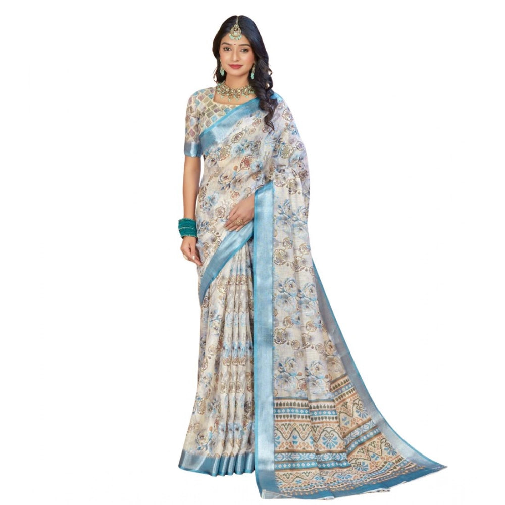 Women's Printed Cotton Linen Saree withPrinted Saree With Unstitched Blouse (Beige , 5-6Mtrs)