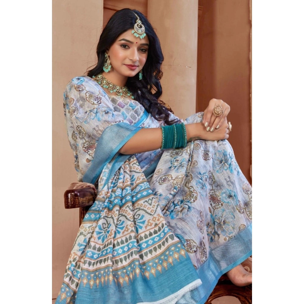 Women's Printed Cotton Linen Saree withPrinted Saree With Unstitched Blouse (Beige , 5-6Mtrs)