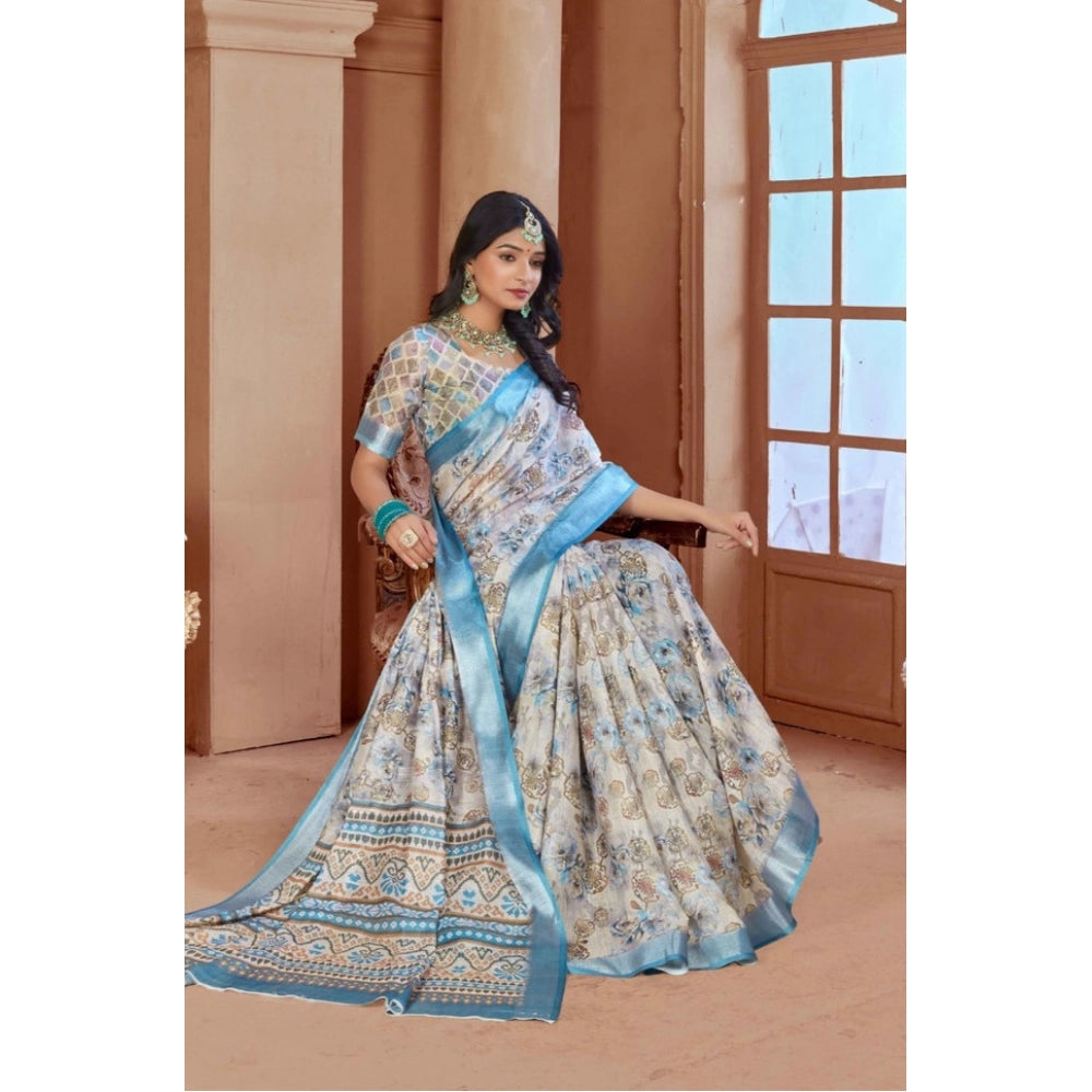 Women's Printed Cotton Linen Saree withPrinted Saree With Unstitched Blouse (Beige , 5-6Mtrs)