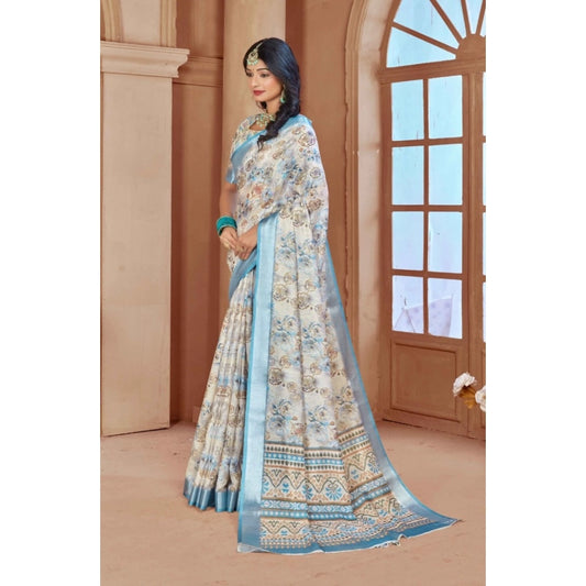 Women's Printed Cotton Linen Saree withPrinted Saree With Unstitched Blouse (Beige , 5-6Mtrs)
