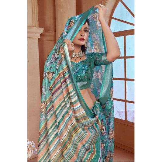 Women's Printed Cotton Linen Saree withPrinted Saree With Unstitched Blouse (Mint Green, 5-6Mtrs)