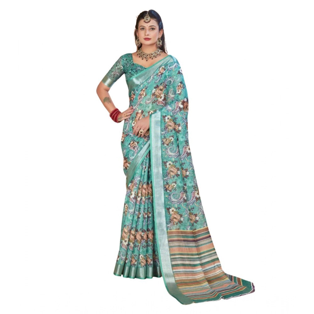 Women's Printed Cotton Linen Saree withPrinted Saree With Unstitched Blouse (Mint Green, 5-6Mtrs)