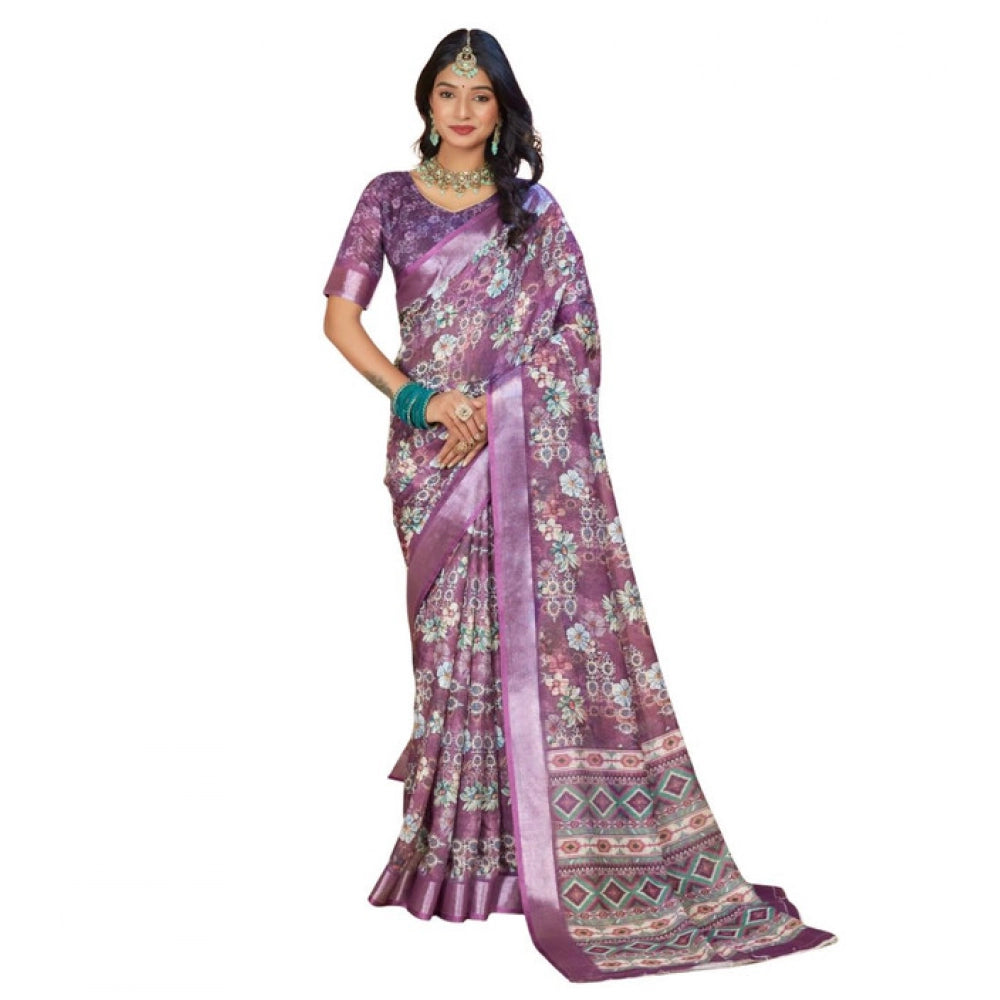 Women's Printed Cotton Linen Saree withPrinted Saree With Unstitched Blouse (Purple, 5-6Mtrs)