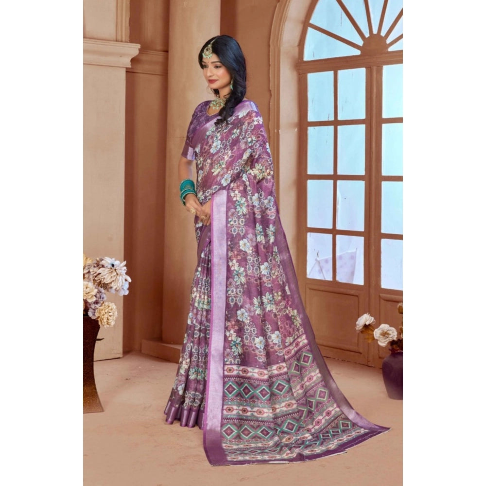 Women's Printed Cotton Linen Saree withPrinted Saree With Unstitched Blouse (Purple, 5-6Mtrs)