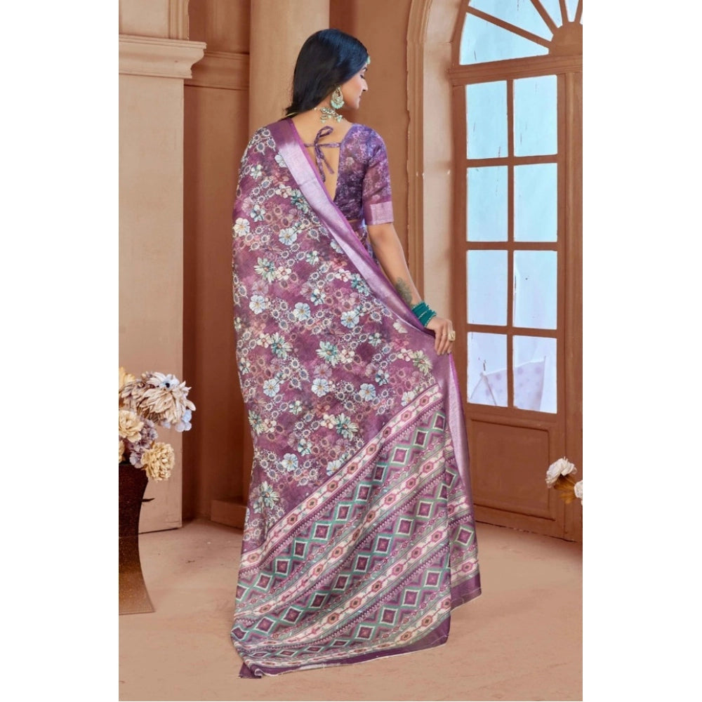 Women's Printed Cotton Linen Saree withPrinted Saree With Unstitched Blouse (Purple, 5-6Mtrs)
