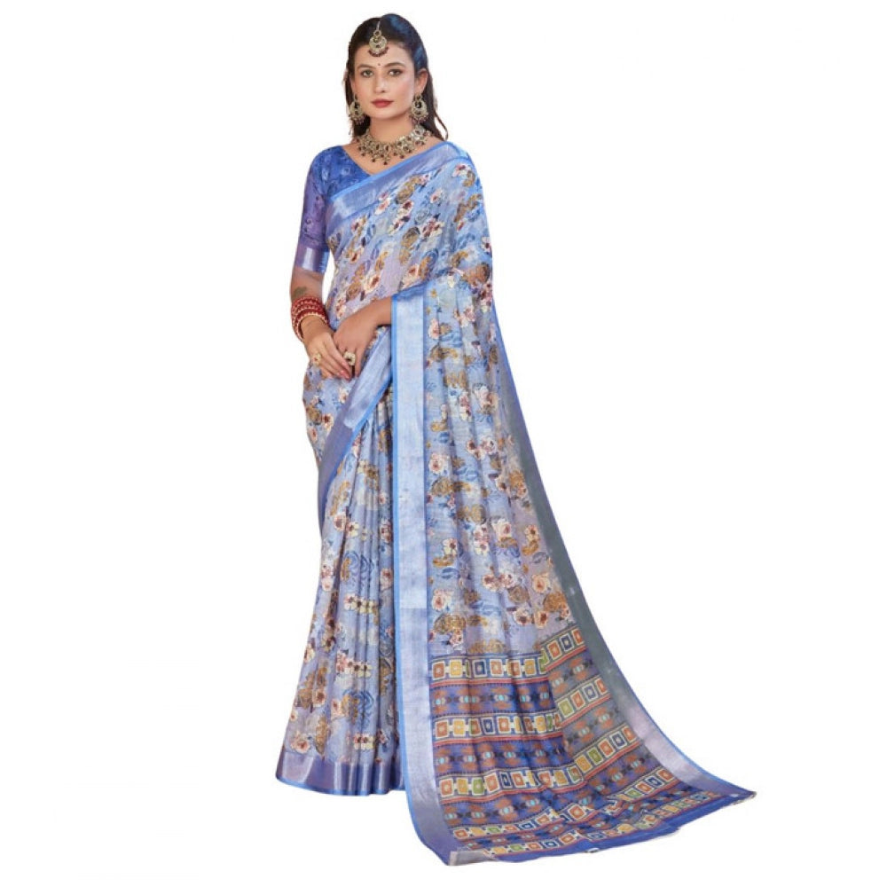 Women's Printed Cotton Linen Saree withPrinted Saree With Unstitched Blouse (Blue, 5-6Mtrs)