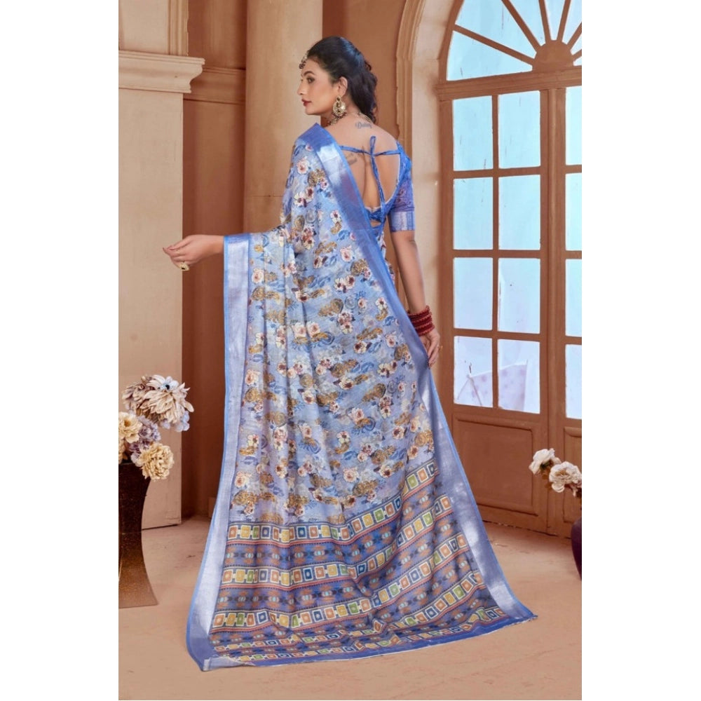 Women's Printed Cotton Linen Saree withPrinted Saree With Unstitched Blouse (Blue, 5-6Mtrs)