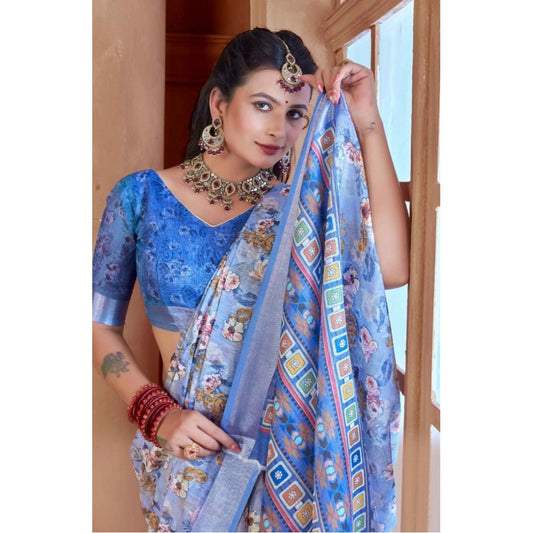Women's Printed Cotton Linen Saree withPrinted Saree With Unstitched Blouse (Blue, 5-6Mtrs)
