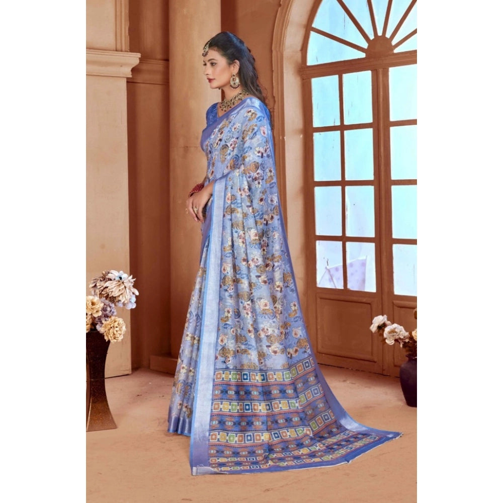 Women's Printed Cotton Linen Saree withPrinted Saree With Unstitched Blouse (Blue, 5-6Mtrs)