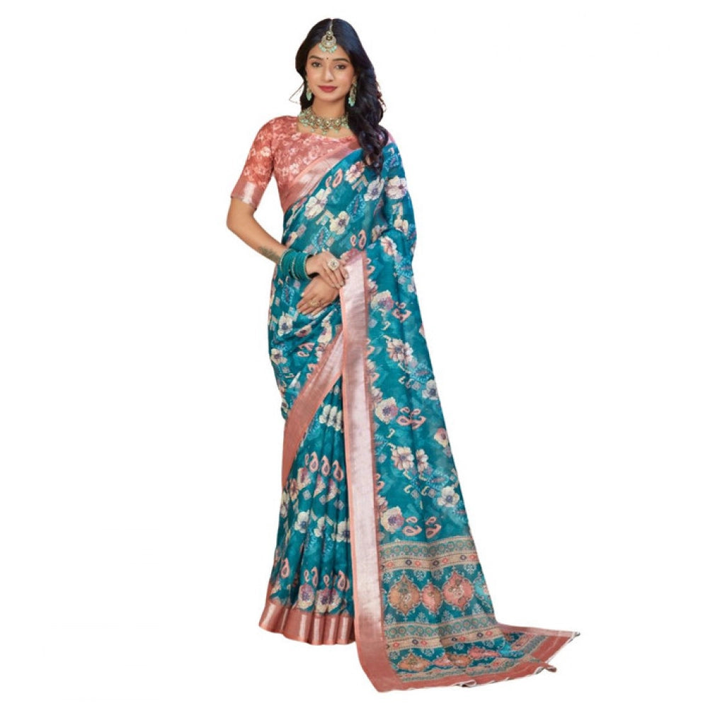 Women's Printed Cotton Linen Saree withPrinted Saree With Unstitched Blouse (Peacook Green, 5-6Mtrs)