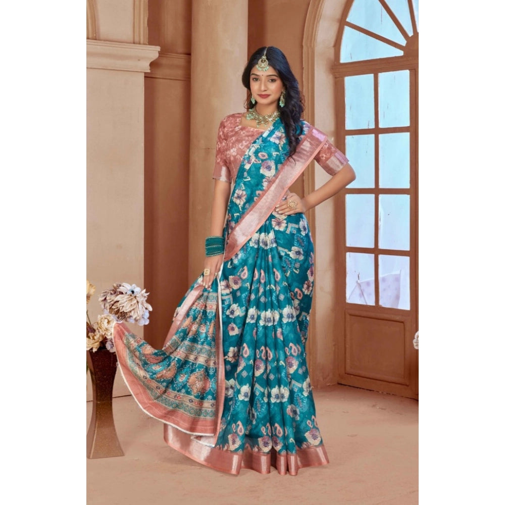 Women's Printed Cotton Linen Saree withPrinted Saree With Unstitched Blouse (Peacook Green, 5-6Mtrs)