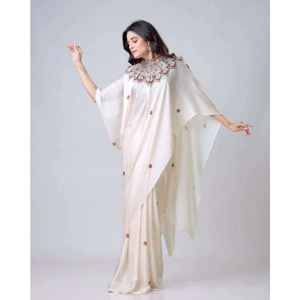 Women's Soft Crepe Silk Printed Ready To Wear Saree With Unstitched Blouse 5.5Mtr (Off White)