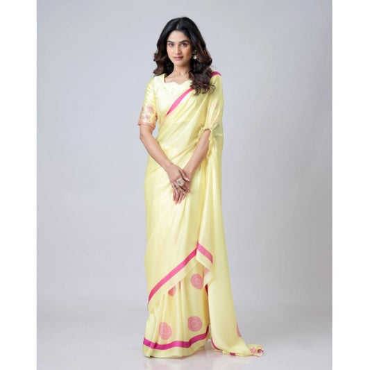 Women's Soft Crepe Silk Printed Ready To Wear Saree With Unstitched Blouse 5.5Mtr (Light Yellow)