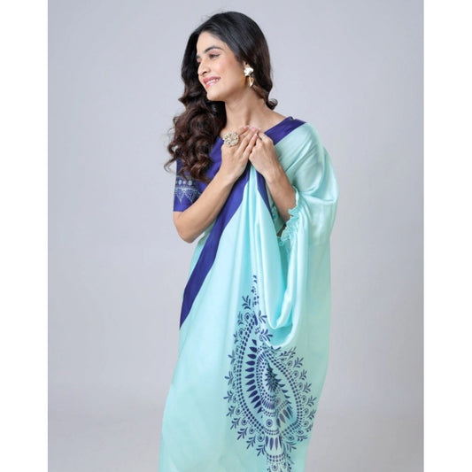 Women's Soft Crepe Silk Printed Ready To Wear Saree With Unstitched Blouse 5.5Mtr (Turquoise)