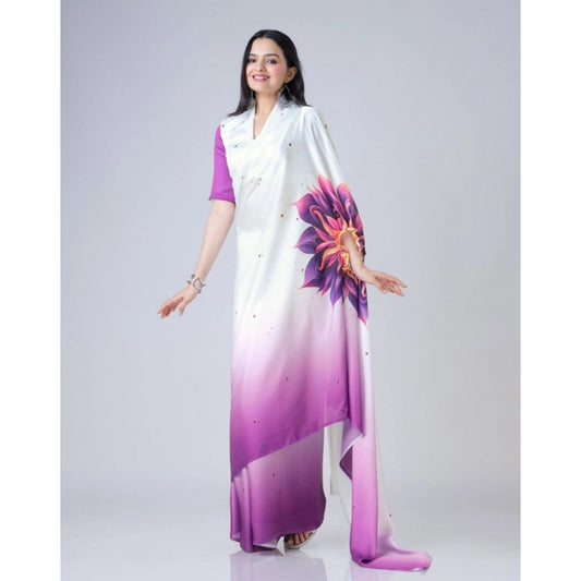 Women's Soft Crepe Silk Printed Ready To Wear Saree With Unstitched Blouse 5.5Mtr (Purple)