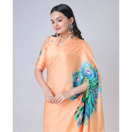 Women's Soft Crepe Silk Printed Ready To Wear Saree With Unstitched Blouse 5.5Mtr (Orange)