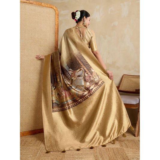 Women's Silk Printed Saree With Unstitched Blouse 5.5Mtr (Gold)