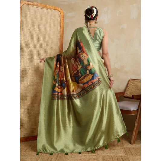 Women's Silk Printed Saree With Unstitched Blouse 5.5Mtr (Mehendi)