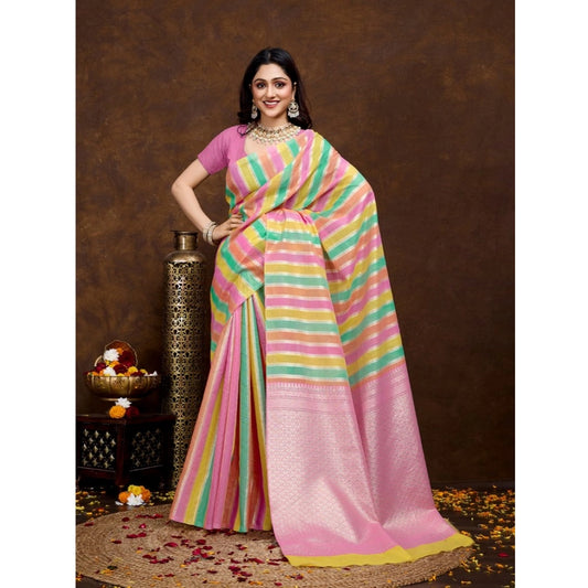 Women's Cotton Blended Printed Saree With Unstitched Blouse 5.5Mtr (Pink)