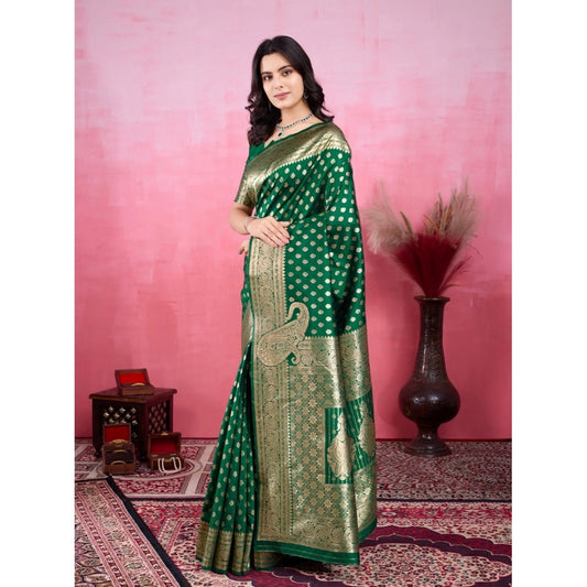 Women's Banarasi Silk Printed Saree With Unstitched Blouse 5.5Mtr (Green)