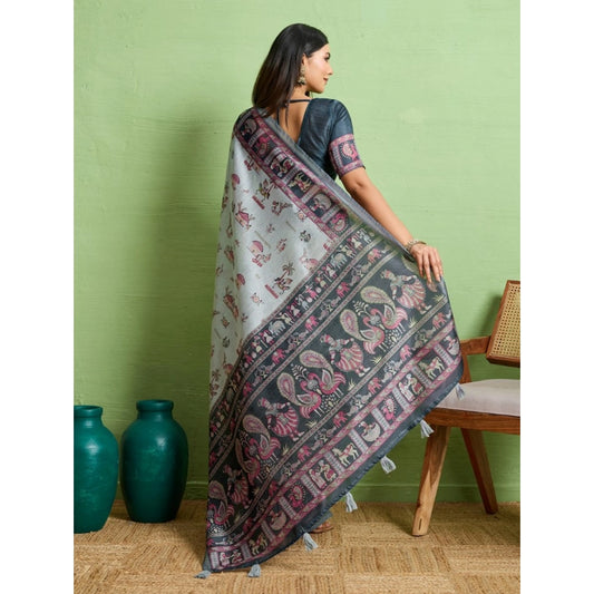Women's Silk Blend Printed Saree With Unstitched Blouse 5.5Mtr (Grey)