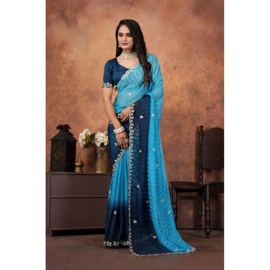 Women's Chiffon Embroidred Saree With Unstitched Blouse 5.5Mtr (Light Blue)