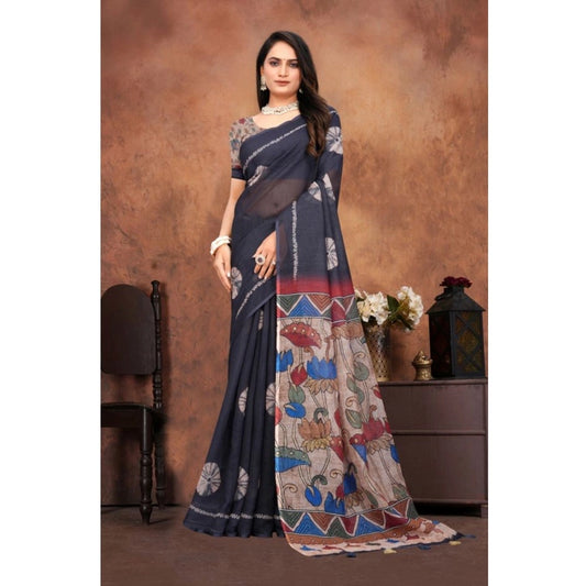 Women's Linen Printed Saree With Unstitched Blouse 5.5Mtr (Black)