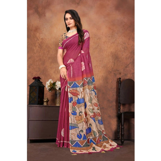 Women's Linen Printed Saree With Unstitched Blouse 5.5Mtr (Purple)