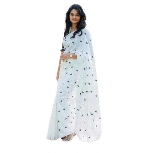 Women's Linen Printed Saree With Unstitched Blouse 5.5Mtr (White)