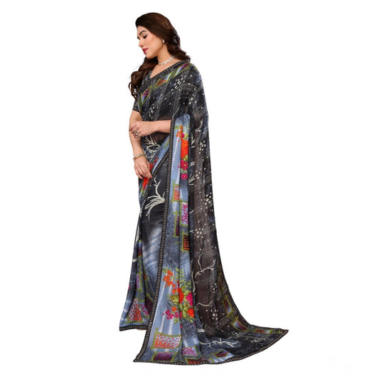 Women's Georgette Printed Saree With Unstitched Blouse 5.5Mtr (Black)