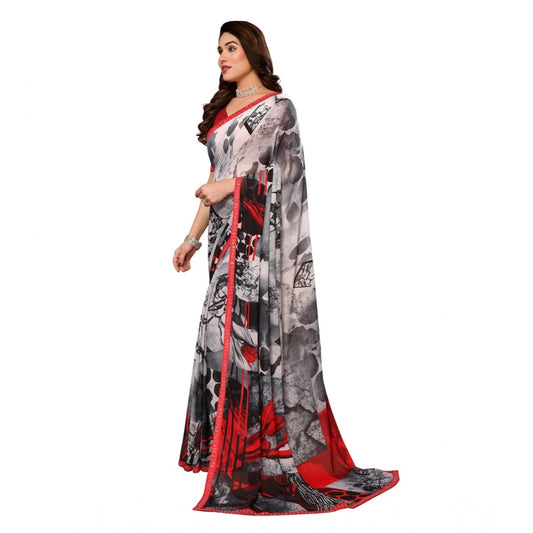 Women's Georgette Printed Saree With Unstitched Blouse 5.5Mtr (Red)