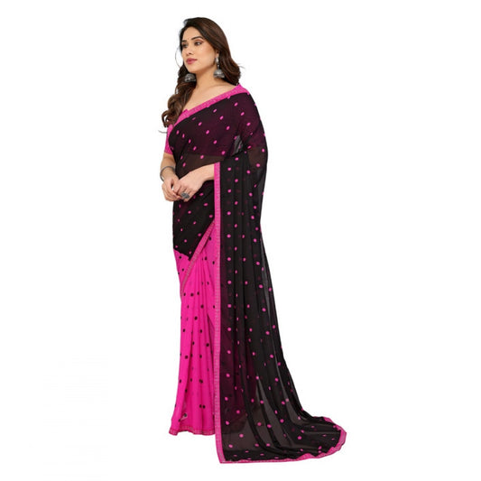 Women's Georgette Printed Saree With Unstitched Blouse 5.5Mtr (Black-Pink)