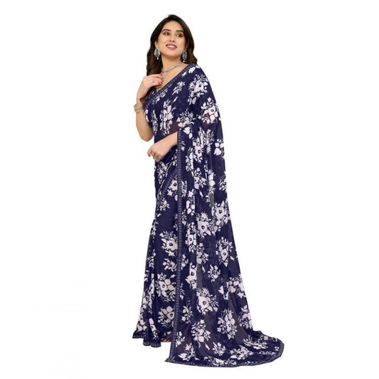 Women's Georgette Printed Saree With Unstitched Blouse 5.5Mtr (Navy Blue)