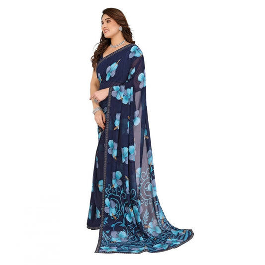 Women's Georgette Printed Saree With Unstitched Blouse 5.5Mtr (Navy Blue)