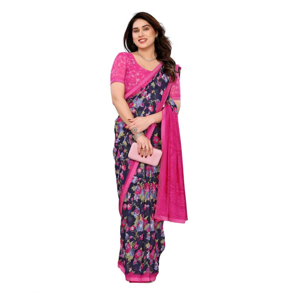 Women's Georgette Printed Saree With Unstitched Blouse 5.5Mtr (Blue)